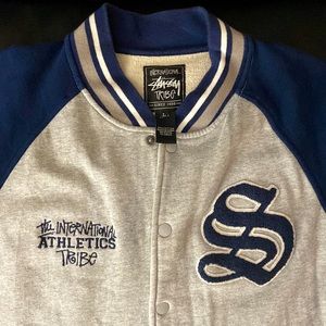 Large Stussy navy & grey letterman jacket.